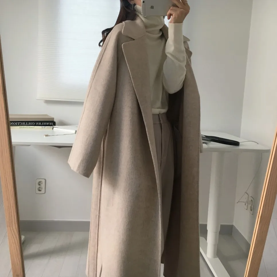 Women's Jacket 2021 Autumn and Winter Long Wool Coat with Belt Solid Color Long-Sleeved Chic Slim Down Shoulder Coat long puffer jacket