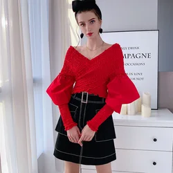 Dabuwawa blusa feminina assimétrica com gola sem ombro, camisa sólida, justo, festa sexy, pulôver com manga lanterna, dt1ast030