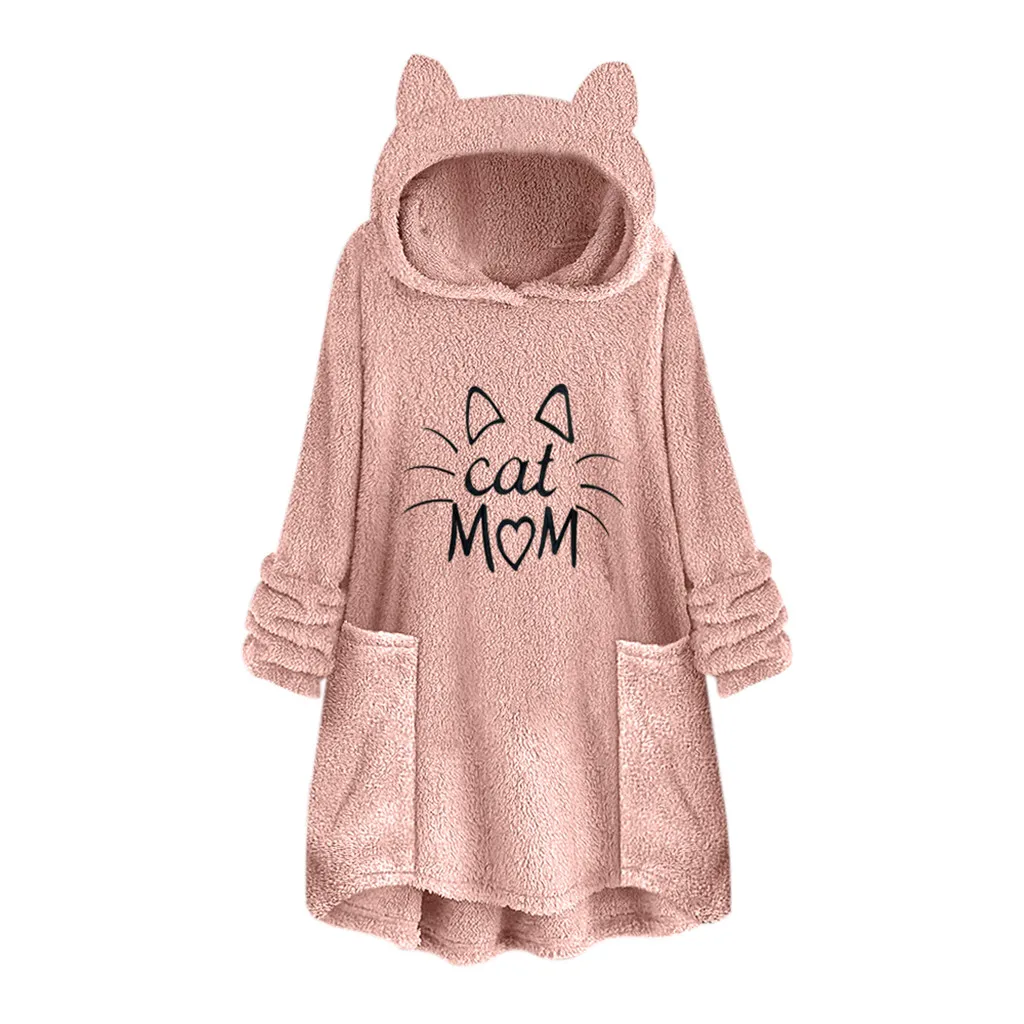  Harajuku Hoodie Sweatshirt Womens Fleece Embroidery Cat Ear Cat Mom Printed Blouse Top Warm Oversiz