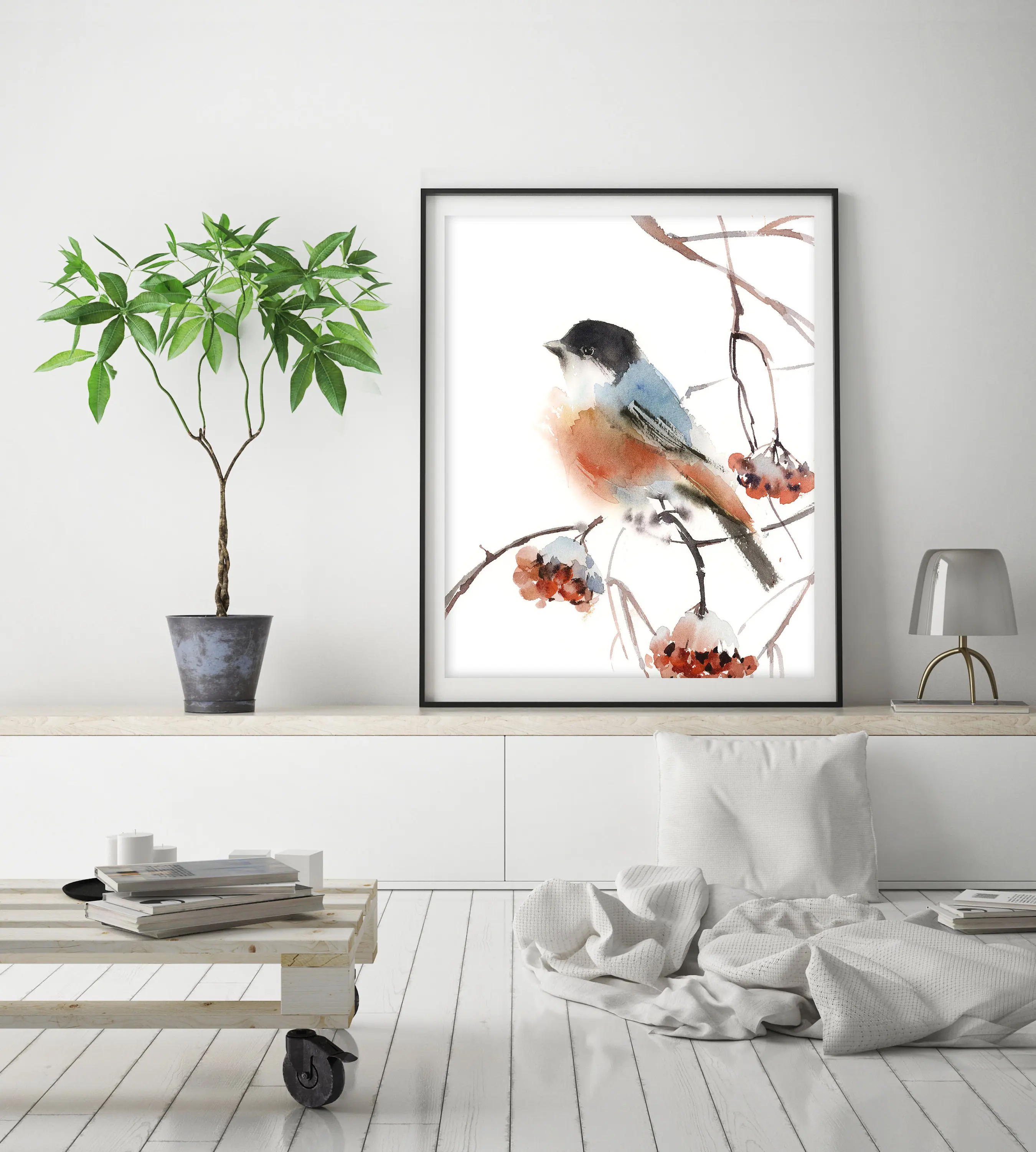 Bullfinch Bird Art Print print Painting Winter Wall Loose Style Archival Fine | Дом и сад