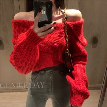 

2020 New Autumn Winter Button Large Lapel Off Shoulder Short Sweater Loose Jumper Women Long Sleeve Knitwear Loose Knitted Top