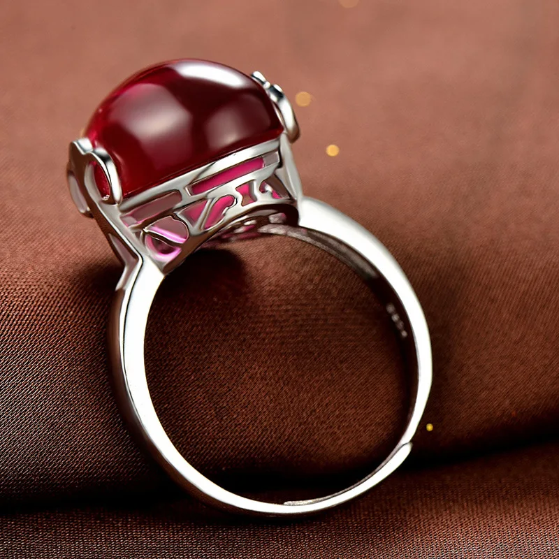 Винтаж женский красный нефрит регулируемое кольцо Настоящее серебро 925 пробы Обручение кольца для Для женщин класса люкс обручальное кольцо
