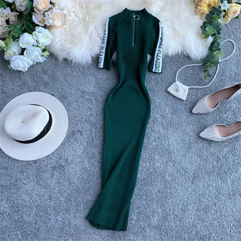 

Spring Autumn Women Long Knitted Dresses Slim Elegant Stand Collar Dress lady Bodycon Dresses Pullovers Winter Bottomings WZ897