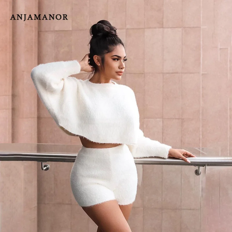 

ANJAMANOR Fluffy Sweater Two Piece Set Lounge Leisure Suit Fall Winter Outfits Sweatsuits for Women Sets Clothes D83-AC59
