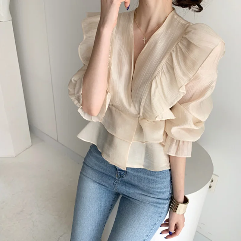 

Design sense niche minority Top Blouse woman Vintage Ruffle waistband short sleeve student Chiffon thin shirt Fashion Girl's T