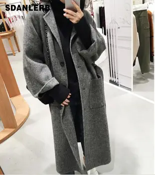 

2019 Winter Women Woolen Coat Long Sleeve Medium-long Turn-down Collar Belt Coat