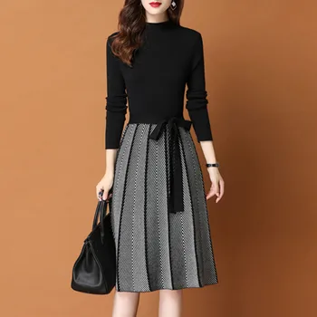 

Spring Knitted Dress Women Korean Patchwork Sashes Long Pleated Dresses Elegant Office Ladies Boho Casusal Knit Vestidos Black