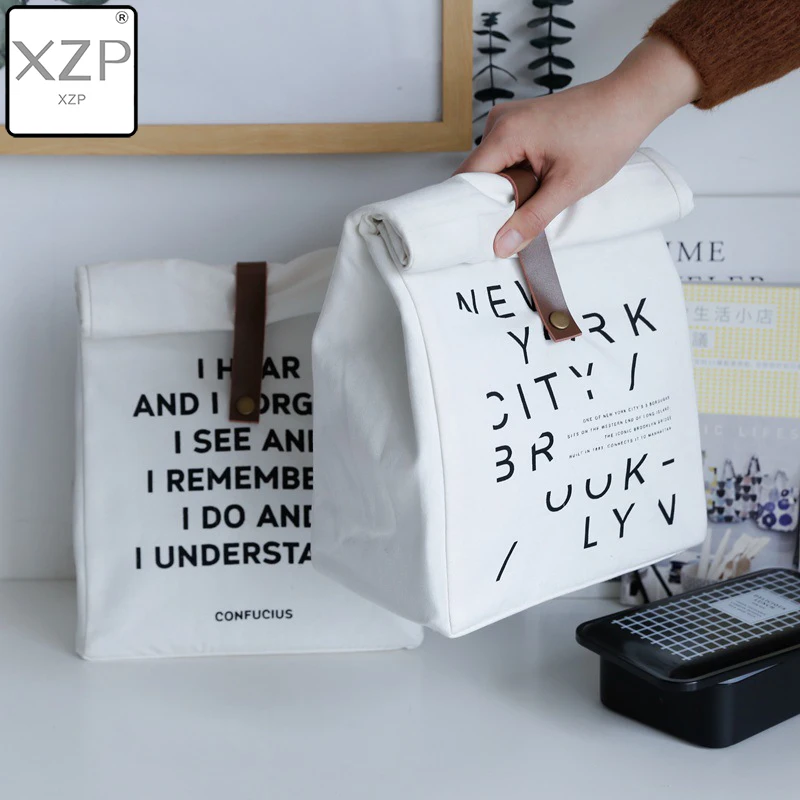 

XZP Cotton Canvas Lunch Box Insulation Bag Picnic Bag Simple Letter Type Large Capacity Multi-purpose Cloth Bag Foods Organizer