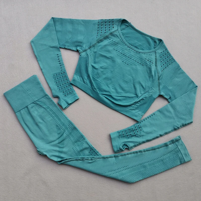 2 шт. трикотажные комплекты для йоги с длинным рукавом высокой талией сетчатые