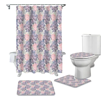 

Cute Succulents Pattern Shower Curtains Set Bath Mat Set Toilet Cover Waterproof Bathroom Shower Curtain and Rug Sets
