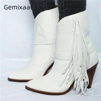

White Genuine Leather Ankle Boots Women Sexy Pointed Toe Spike High Heels Side Fringe Tassels Winter Botas Mujer
