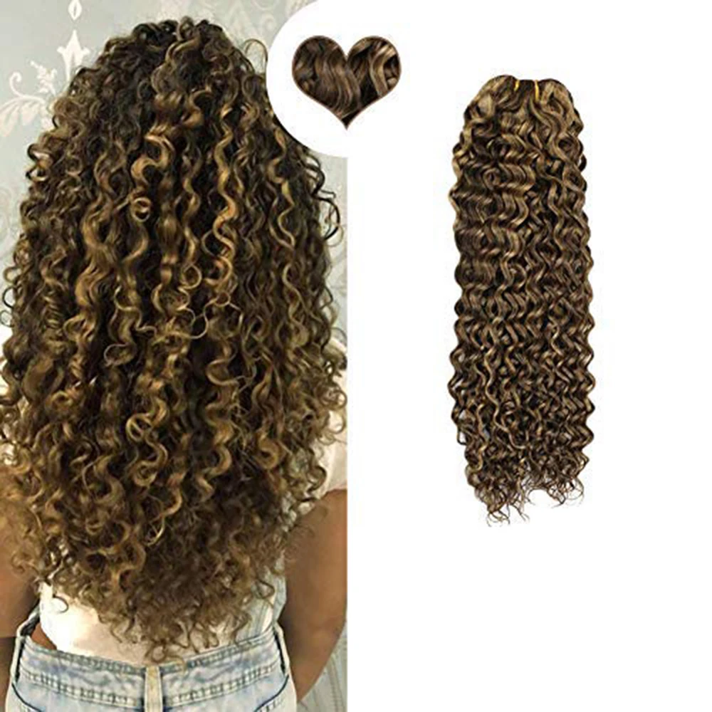 

Ugeat Clip in Human Hair Extensions Highlight Brown Color #P4/27 Wave Machine Remy Soft Hair 14-24" Hair Extensions 120G/7P