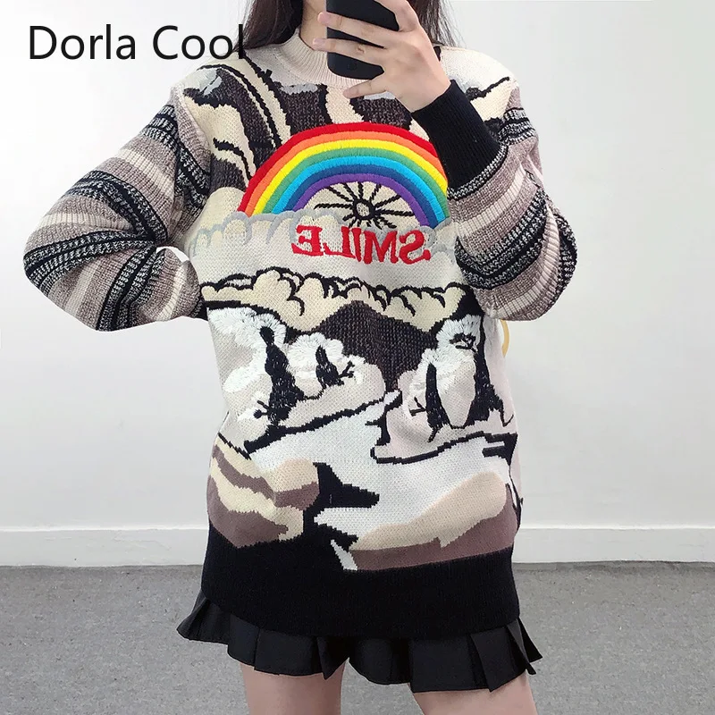 

High Street Designer Long Sweater for Women Luxury Embroidery Loose Lazy Style Pullover Female Striped Rainbow Thick Tops Jumper