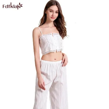 

Sexy Women Summer Pajamas Set 100% Pure Cotton Sleepwear Pijama Sling Short Vest + Nine Points Pant Two Piece Out wear Suit