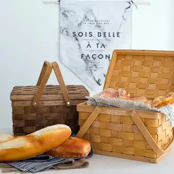 

Portable Wooden Storage Box With Lid Hand-woven Jewelry Box Wicker Makeup Organizer Storage Basket For Home Camping Picnic
