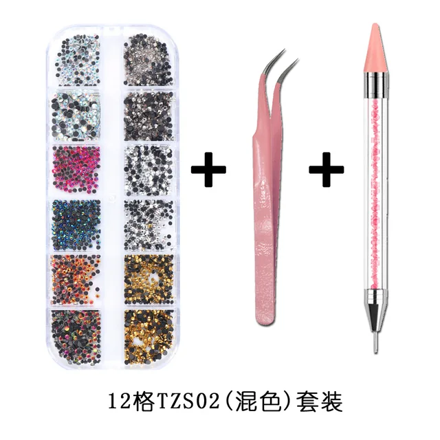 1Box Multi Size Glass Nail Rhinestones Mixed Colors Flat-back AB Crystal With tools 3D Charm Gems  Manicure Nail Art Decorations 017