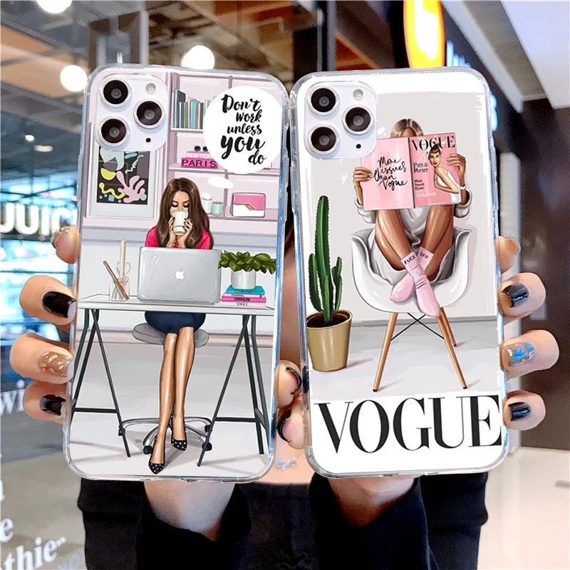 Black Brown Hair Girl Case For iPhone 11 Pro Max 8 7 6 6s Plus Xs XR X Silicone Fashionable city female white-collar Coque Cove | Мобильные