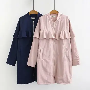 

Women Autumn Big Size Casual Ruffles Solid Outerwear Pockets Loose Zipper V-Neck Long Trench Coat