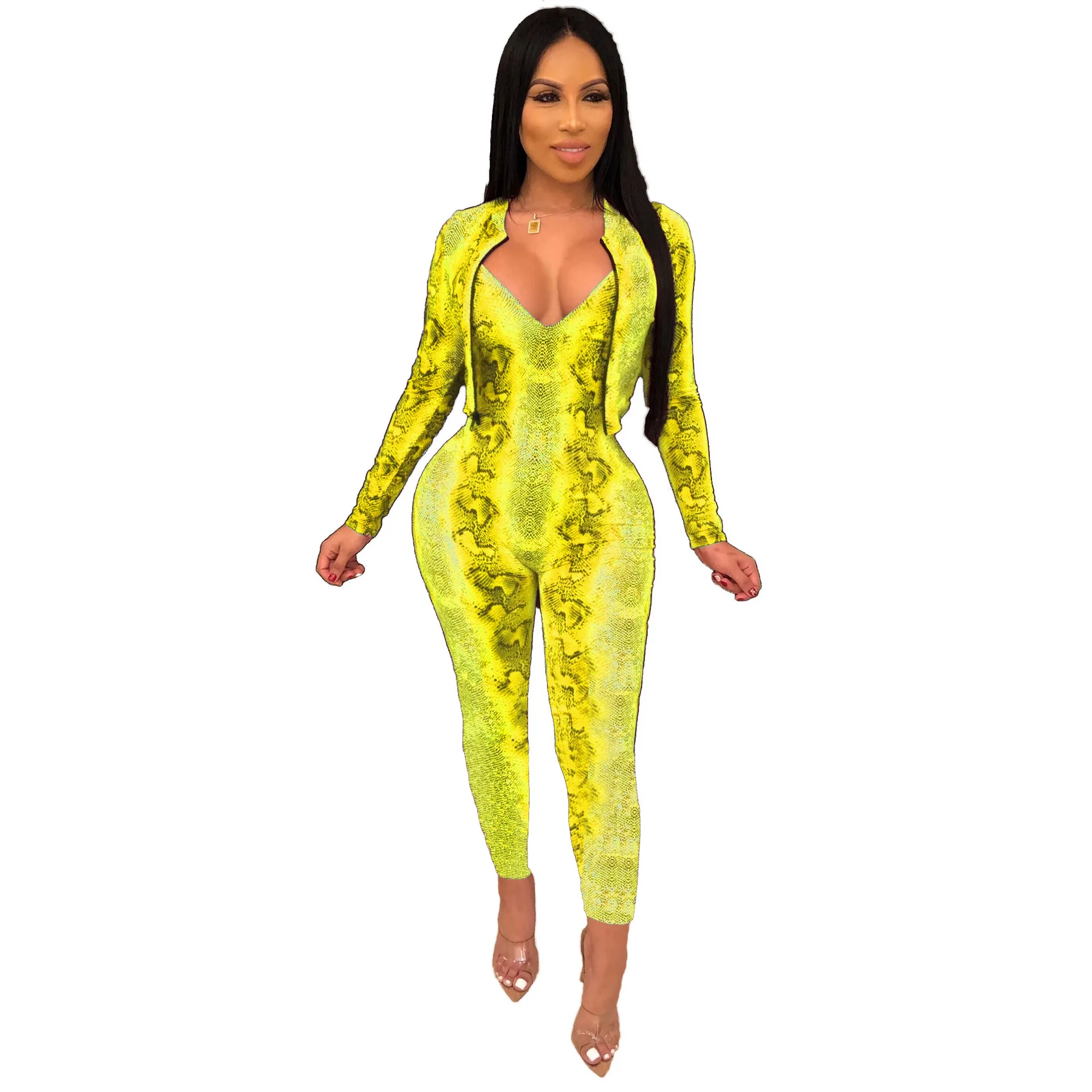 

2019 Autumn Fashion Snake Print Sexy Skinny 2 Two Piece Set Long Sleeve Coat + Spaghetti Strap Deep V-Neck Bodycon Jumpsuit