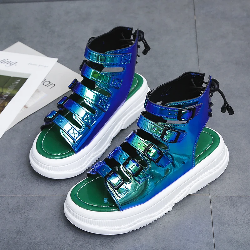 

Summer 2020 Women Sandals Brand Gladiator Fashion Designer Glitter Black Bule Silver High Top Sandals Women Sandalia Feminina