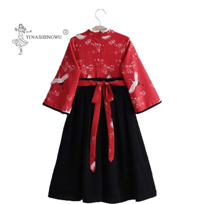 Little Girl Baby Crane Print Robe Set Japanese Girl Dress Kimono Costume Child Floral Embroidery Tops Skirt Kids Yukata Clothes japanese kimono