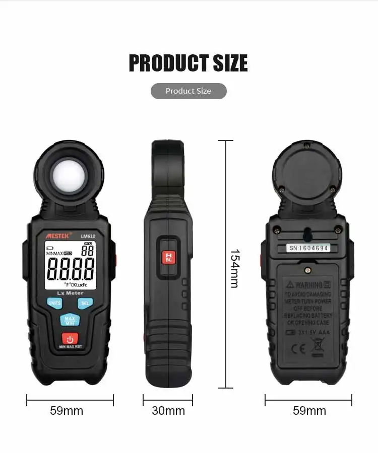 Светильник MESTEK LM610, измеритель освещенности, 100000 люкс, Цифровой Люксметр, яркость LUX Fc, тест, Макс. Мин., фотометр