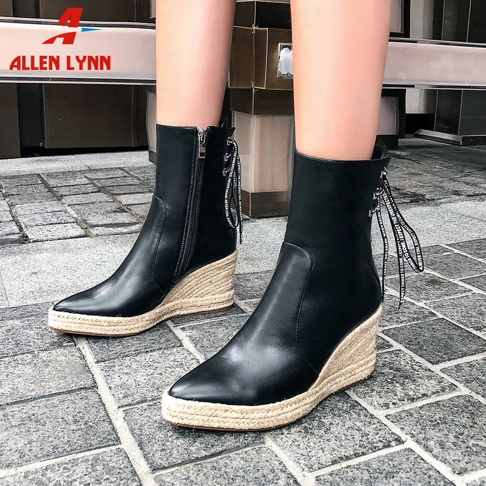 

ALLEN Hot Sale Lady Cool High Wedges Shoes Woman Elegant Solid Pointed Toe Ankle Boots Women Straw Soles Platform Boots