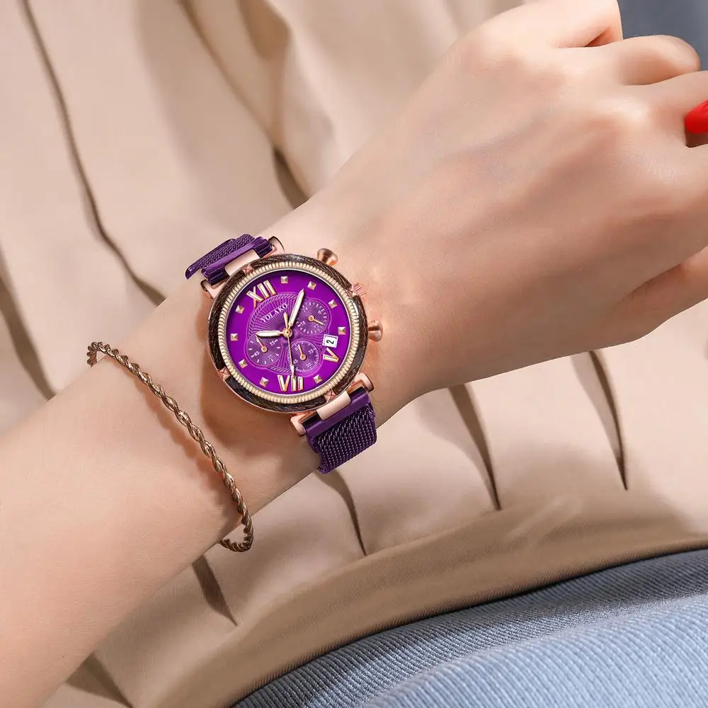 

Luxury Calendar Rome Dial Women Watches Fashion Rose Gold Purple Magnet Buckle Ladies Quartz Wristwatches Simple Female Watch