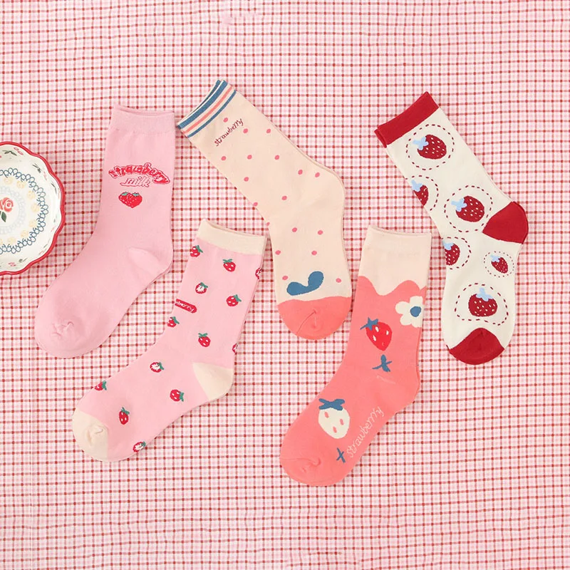 Милые носки с изображением клубники, женские милые розовые хлопковые носки, женские забавные носки, уличная одежда, Calcetines Mujer