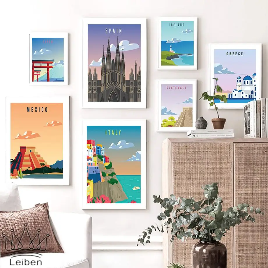 

Famous City Travel Landscape Canvas Painting Japan Italy Spain Picture Nordic Building Wall Art Posters and Prints Home Decor