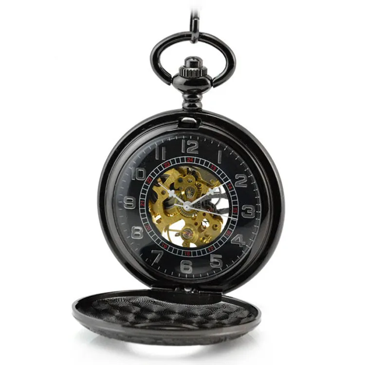

Black Roman double display Mechanical Pocket Watch ancient hollow flip retro Roman Number Dial Chian gifts for men