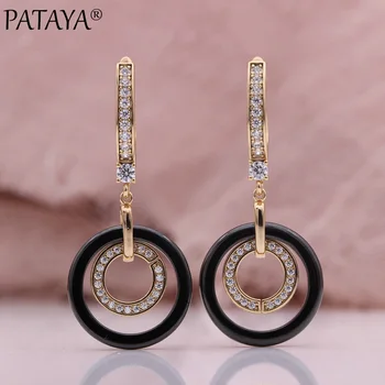 

PATAYA New Black White Ceramic Drop Earrings Double Layer Women Long Earrings Natural Zircon 585 Rose Gold Party Fashion Jewelry