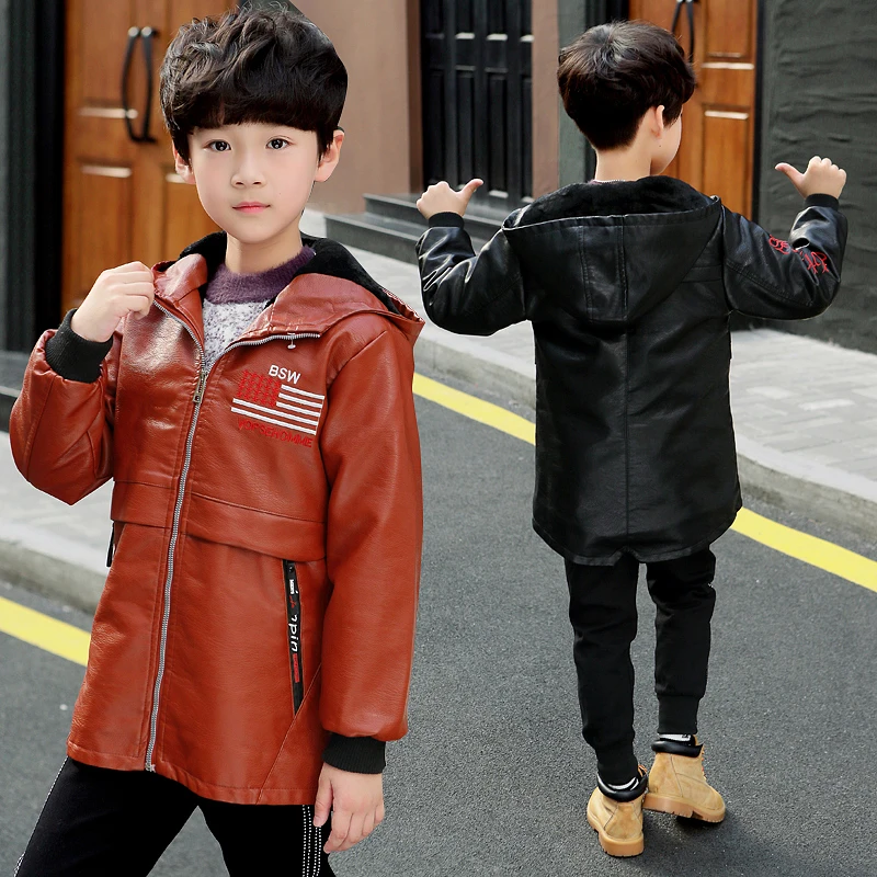 

6 9 10 11 12 Years Children Boys Girl Hooded Fur Zipper Biker Leather Jacket Winter Warm Fleece Coat Children Teenager Outerwear