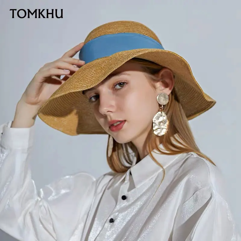 

TOMKHU Fashion Women Sun Hats Hand Made Straw Hat Female Ribbon Bow-knot Wide Brim Beach Hat Casual Summer Shade Anti Uv Cap New