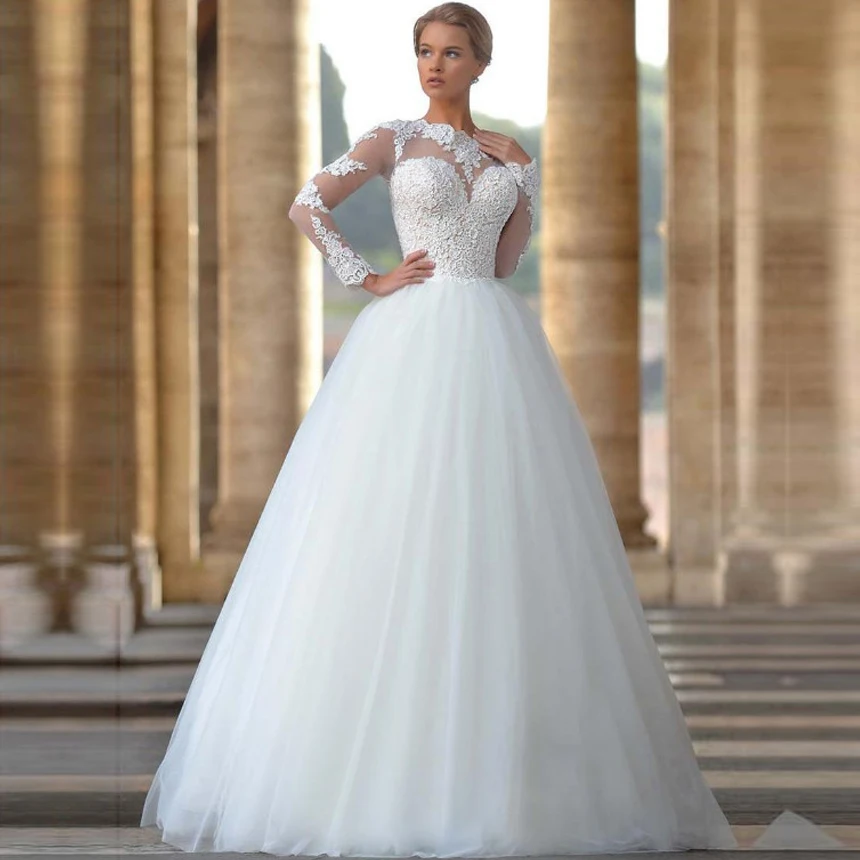 С длинным рукавом накладное украшение для свадебного платья с кружевом, Vestido De Noiva; обувь с низким вырезом на спине пол Длина Свадебные платья индивидуального пошива