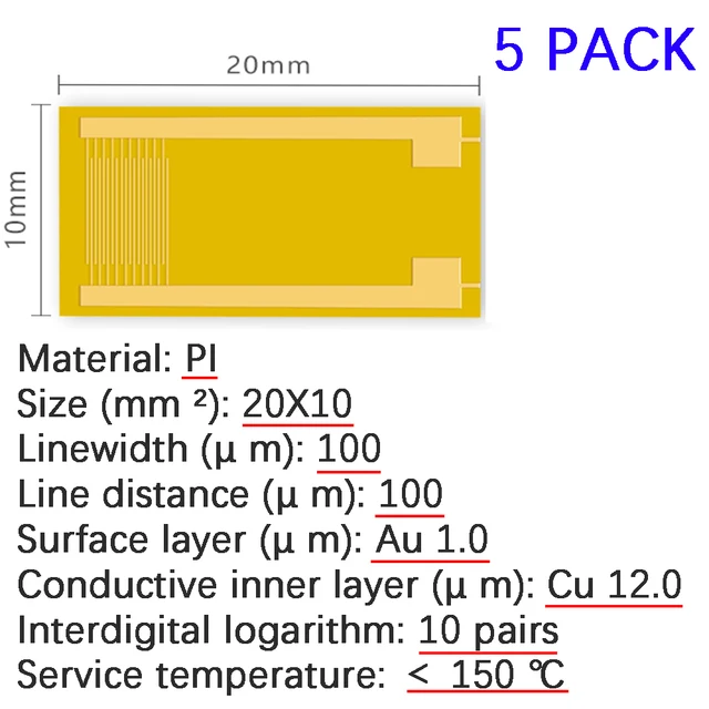 10mm/×10mm//50/μm//10 Pairs of Fingers MECART PI Polyimide Flexible Interdigitated Electrode Interdigital Electrode Sensor