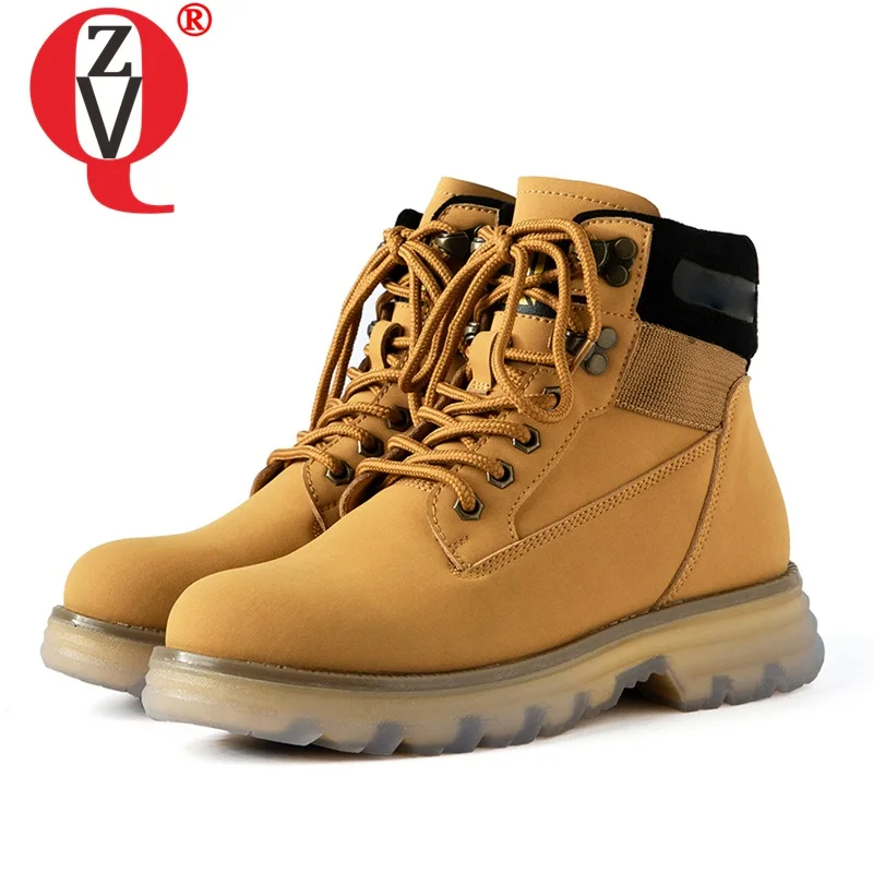 

ZVQ leather booties punk women's shoes winter outdoor walking shoes warm plush mid heels woman lace-up Motorcycle ankle boots