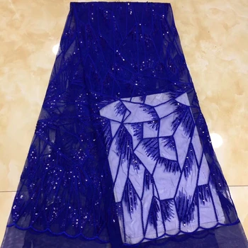 

2019 High Quality Net Wedding Lace Fabric New Nigerian Sequins Tulle Mesh Lace ROYAL BLUE Color Lady Dress Lace Guipure Material