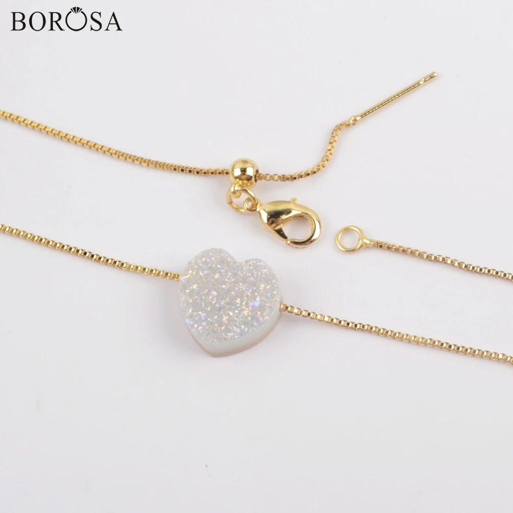 BOROSA, 5 шт., модное, Радужное, в форме сердца, титана, натуральный Druzy, подвеска, 16,5~ 17 дюймов, цепочка, регулируемое ожерелье для женщин G1889