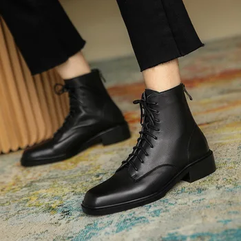 

Royesic Genuine cowhide flat-heel square toe Martin boots British style mid-heel platform lace-up black boots ankle boots