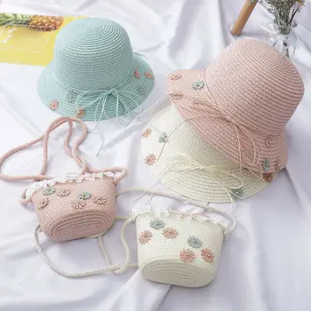 

New Summer Kids Straw Hats Colorful Flower Children Beach Cap Baby Photography Props Baby Girl Hat Sun Visor Caps + Bag 2Pcs
