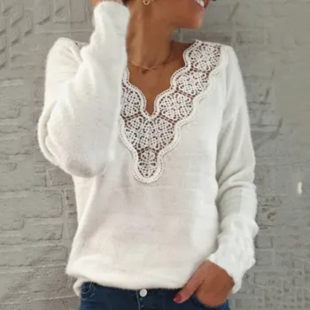 

JAYCOSIN Women Sweater Fashion Casual Autumn Long Sleeve Solid V-Neck Sexy Solid Pullover Lace Korean Blouse Sweater Tops #45