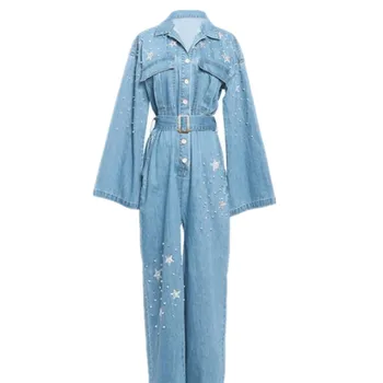 

2020 Denim Jumpsuit Women Romper Long Sleeve Stars Crystal Beaded Lace Up Loose Blue Jeans Jumpsuit Female Streetwear Overalls
