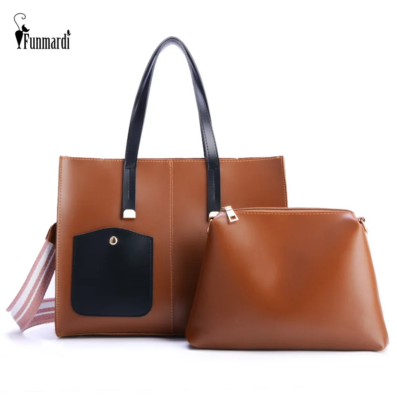 

FUNMARDI Fashion Oil Wax Leather Women Handbags 2PS Composite Ladies Bag Sets Simple Color Strap Shoulder Bag Crossbody WLHB2021