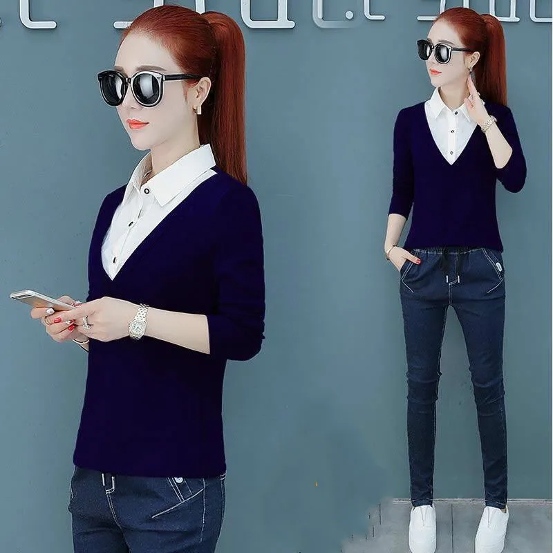 

Autumn 2020 Women Plus Velvet Thickened Fake Two Pieces Tops Female Long Sleeve Bottoming Shirt V-neck Button Stitching Tops