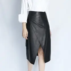 Осенне-зимняя женская черная кожаная юбка асимметричный дизайн петля пряжка ремень Овчина кожаная юбка женская модная юбка