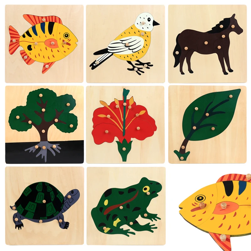 Baby Learning Toy Montessori Wooden Jigsaw Clutch Board Early Learning Toy Plant / Sea Animal Puzzle Children's Favorite