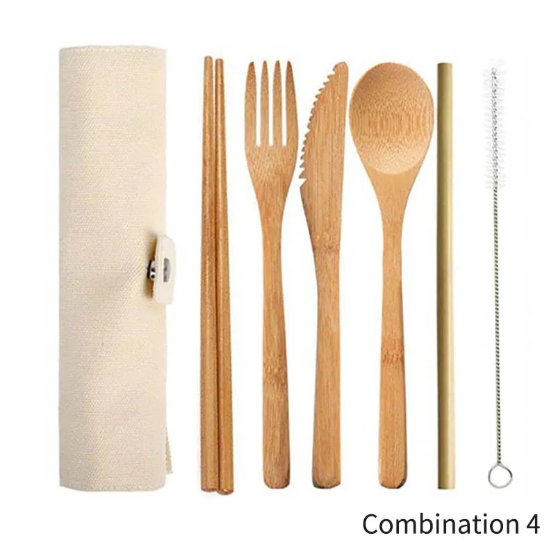 Combination 4 Палочки для еды, соломенный портативный нож, вилка, ложка, 1 набор кухонных столовых приборов, многоразовые бамбуковые столовые приборы, тканевая сумка, дорожные инструменты - Цвет: Combination 4