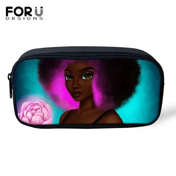 FORUDESIGNS/Детские пеналы с рисунками из мультфильмов, черные, с рисунком афро, для девочек, дорожные сумки для макияжа для девочек, афро-художественный дизайн, студенческие мини-пеналы для ручек - Цвет: CDWX4003K