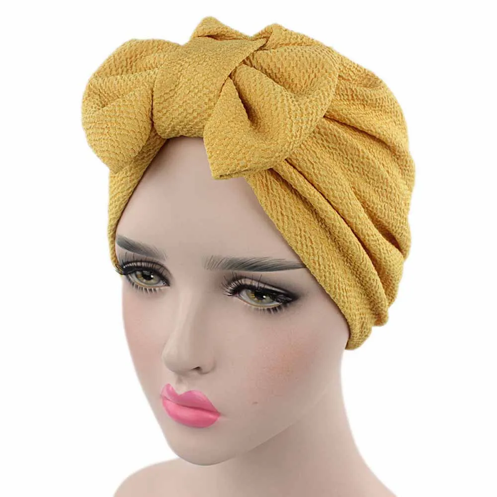 Мусульманская однотонная шапка женская с большим бантом стрейч хиджаб тюрбан шляпа повязка-баф колпак для головы шапочка при химиотерапии бантики, аксессуары для волос - Цвет: Yellow
